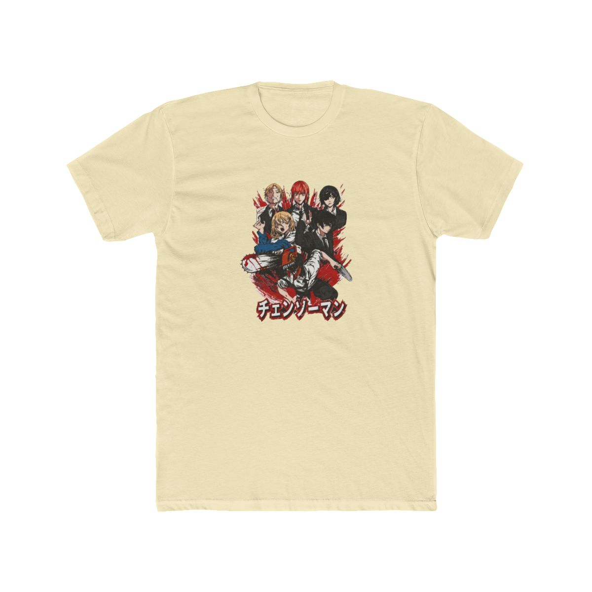 Grey T Shirt with a graphic of anime characters, red accents, and Japanese text. The design features a chainsaw and figures in suits and casual wear. The shirt is made of a soft material - alternate angle 3, merchandise