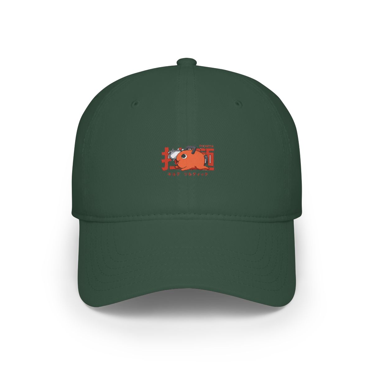 A dark grey baseball cap with a cartoon chainsaw character in red and orange, and Japanese text. The cap has a curved peak and an adjustable strap - alternate angle 4, merchandise