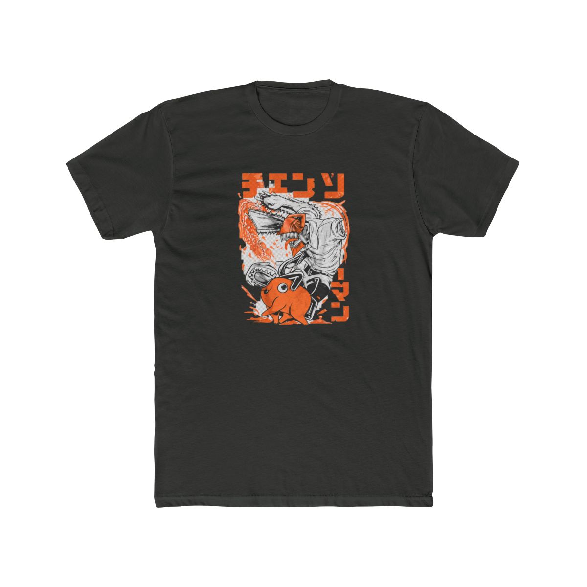 Black T Shirt with an orange and white graphic of a chainsaw-wielding character and a small orange creature. Japanese text is included in the design. The T Shirt is hanging on a black hanger - alternate angle 3, merchandise