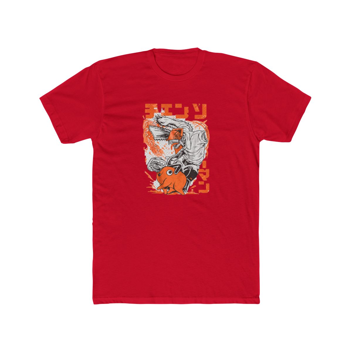 Black T Shirt with an orange and white graphic of a chainsaw-wielding character and a small orange creature. Japanese text is included in the design. The T Shirt is hanging on a black hanger - alternate angle 2, merchandise