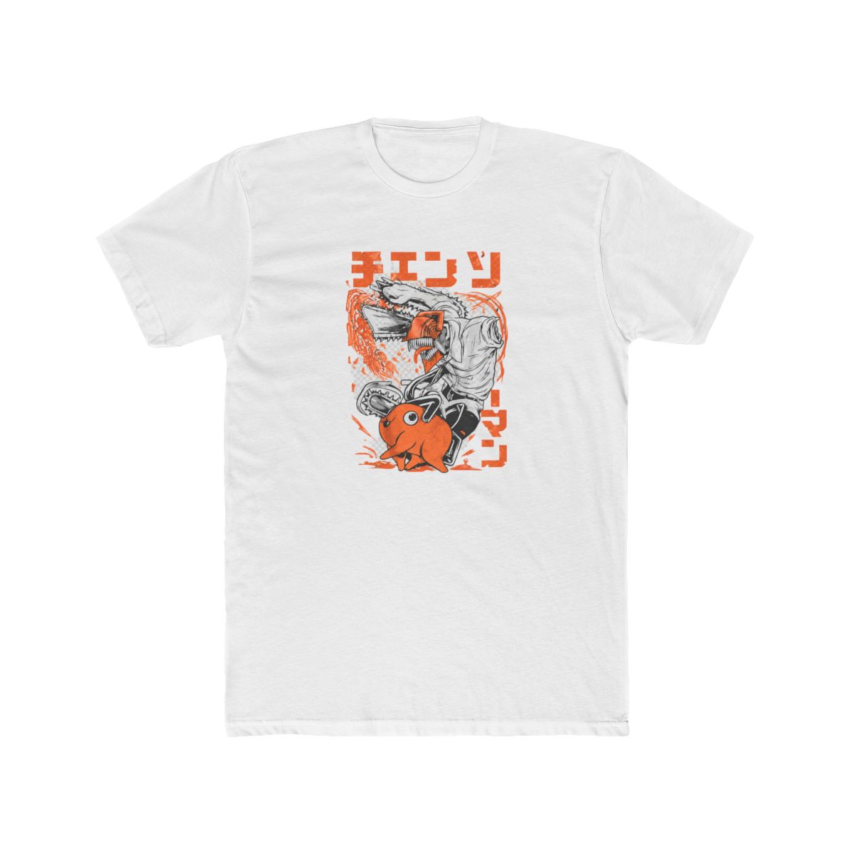 Black T Shirt with an orange and white graphic of a chainsaw-wielding character and a small orange creature. Japanese text is included in the design. The T Shirt is hanging on a black hanger - alternate angle 5, merchandise