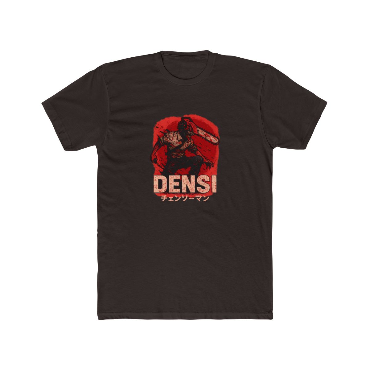 Dark grey T Shirt with a graphic of a chainsaw-wielding character against a red background. The word "DENJI" is in a bold, blood-red font, with Japanese text below. The shirt has a vintage, washed... - alternate angle 4, merchandise