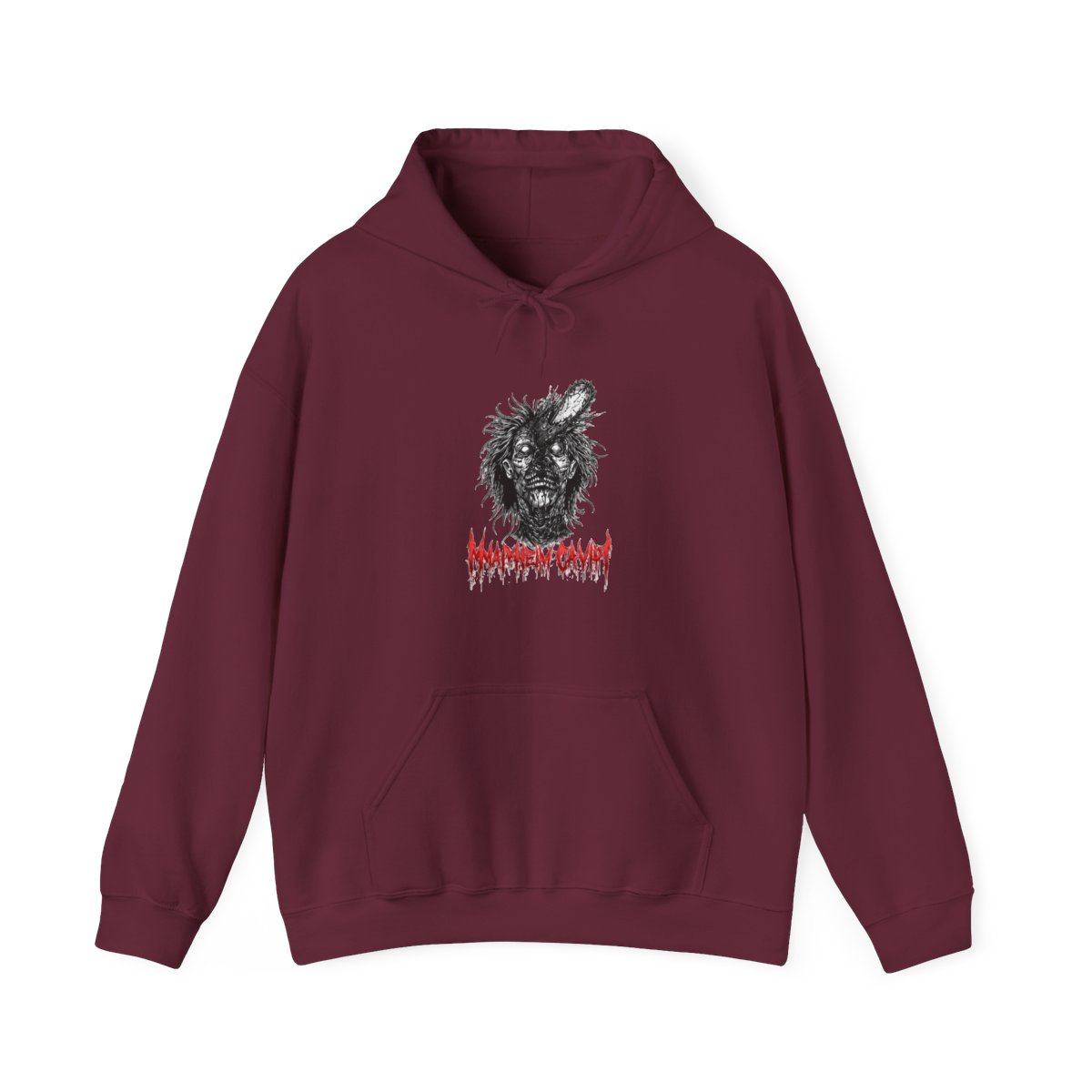 Black hoodie featuring a graphic of a zombie with a chainsaw in its head, and the text "MAYHEM CAVITY" in red. The hood has red spikes around the edge - alternate angle 3, merchandise