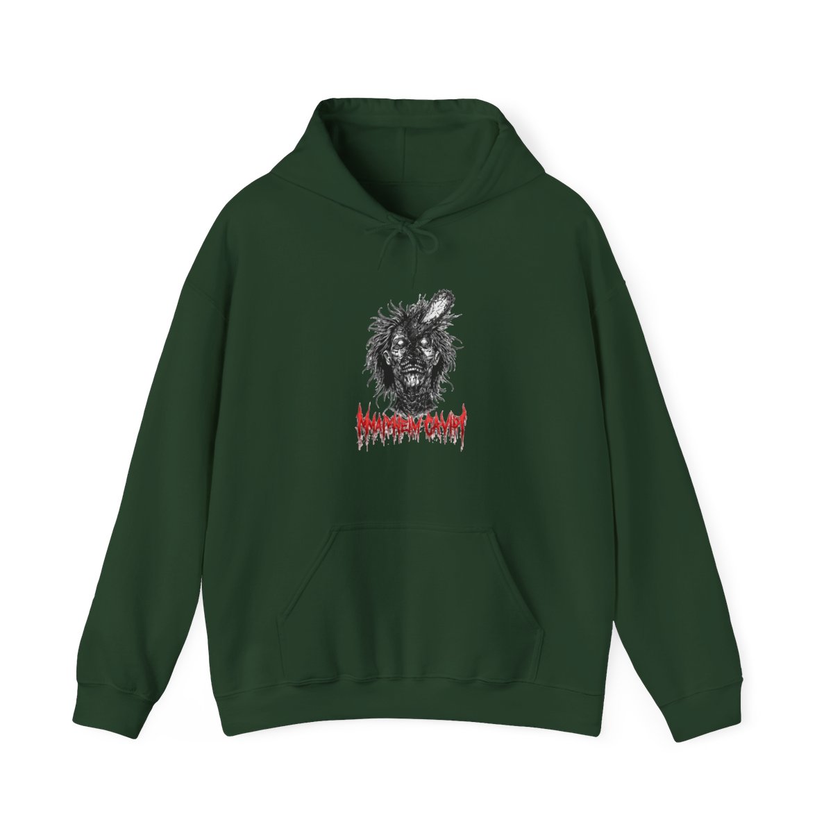 Black hoodie featuring a graphic of a zombie with a chainsaw in its head, and the text "MAYHEM CAVITY" in red. The hood has red spikes around the edge