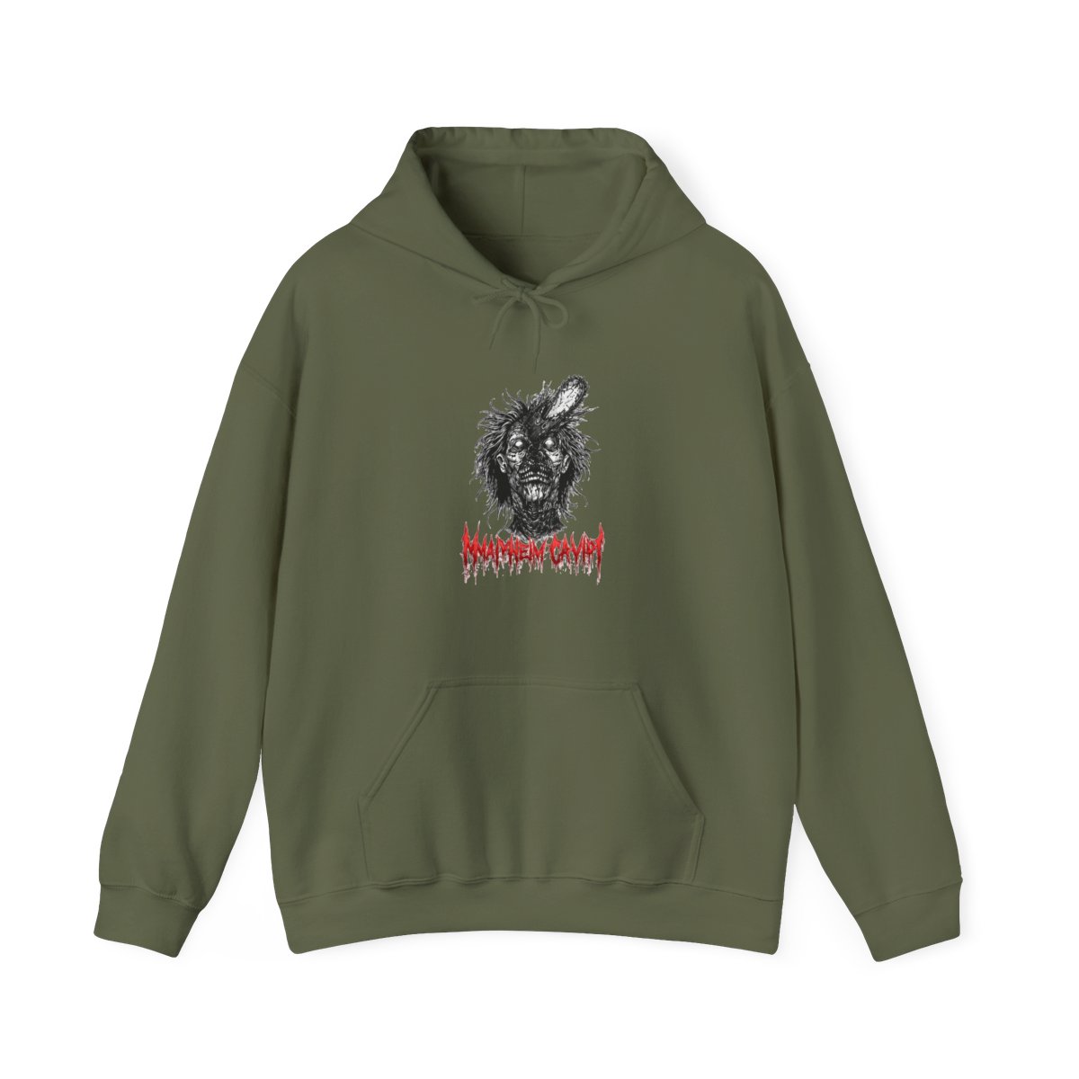 Black hoodie featuring a graphic of a zombie with a chainsaw in its head, and the text "MAYHEM CAVITY" in red. The hood has red spikes around the edge - alternate angle 4, merchandise