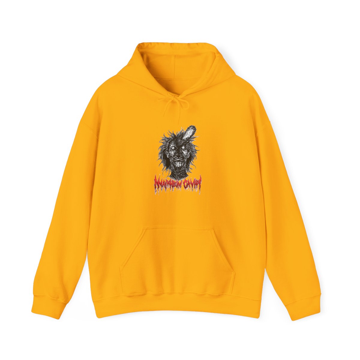 Black hoodie featuring a graphic of a zombie with a chainsaw in its head, and the text "MAYHEM CAVITY" in red. The hood has red spikes around the edge - alternate angle 2, merchandise