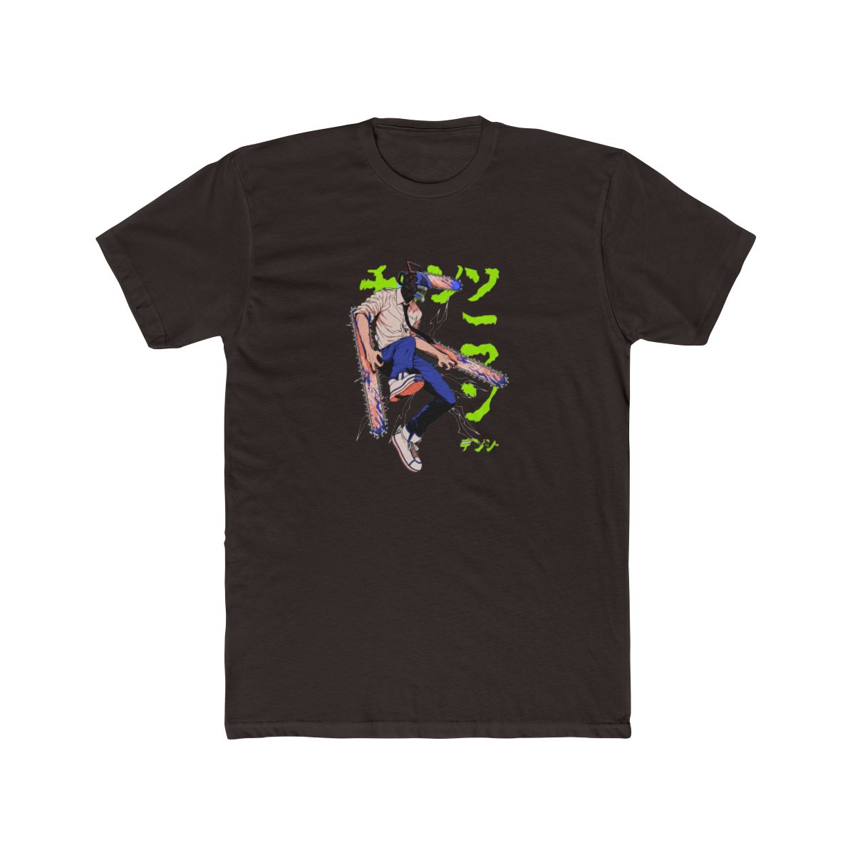 Black T Shirt with a graphic of a chainsaw-headed character wielding two chainsaws. The character wears a white shirt, blue trousers, and trainers. Japanese text is in neon green - alternate angle 5, merchandise