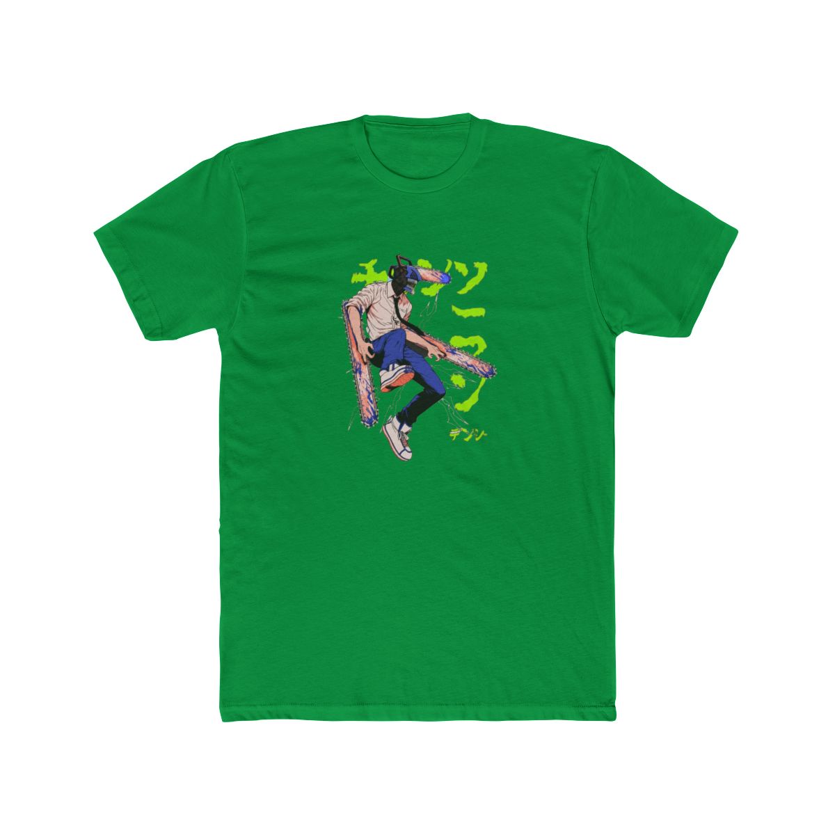 Black T Shirt with a graphic of a chainsaw-headed character wielding two chainsaws. The character wears a white shirt, blue trousers, and trainers. Japanese text is in neon green - alternate angle 3, merchandise
