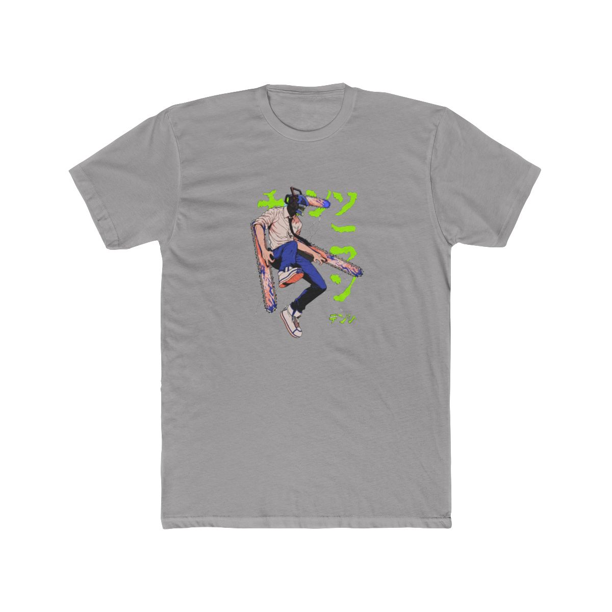 Black T Shirt with a graphic of a chainsaw-headed character wielding two chainsaws. The character wears a white shirt, blue trousers, and trainers. Japanese text is in neon green - Official T-Shirts merchandise